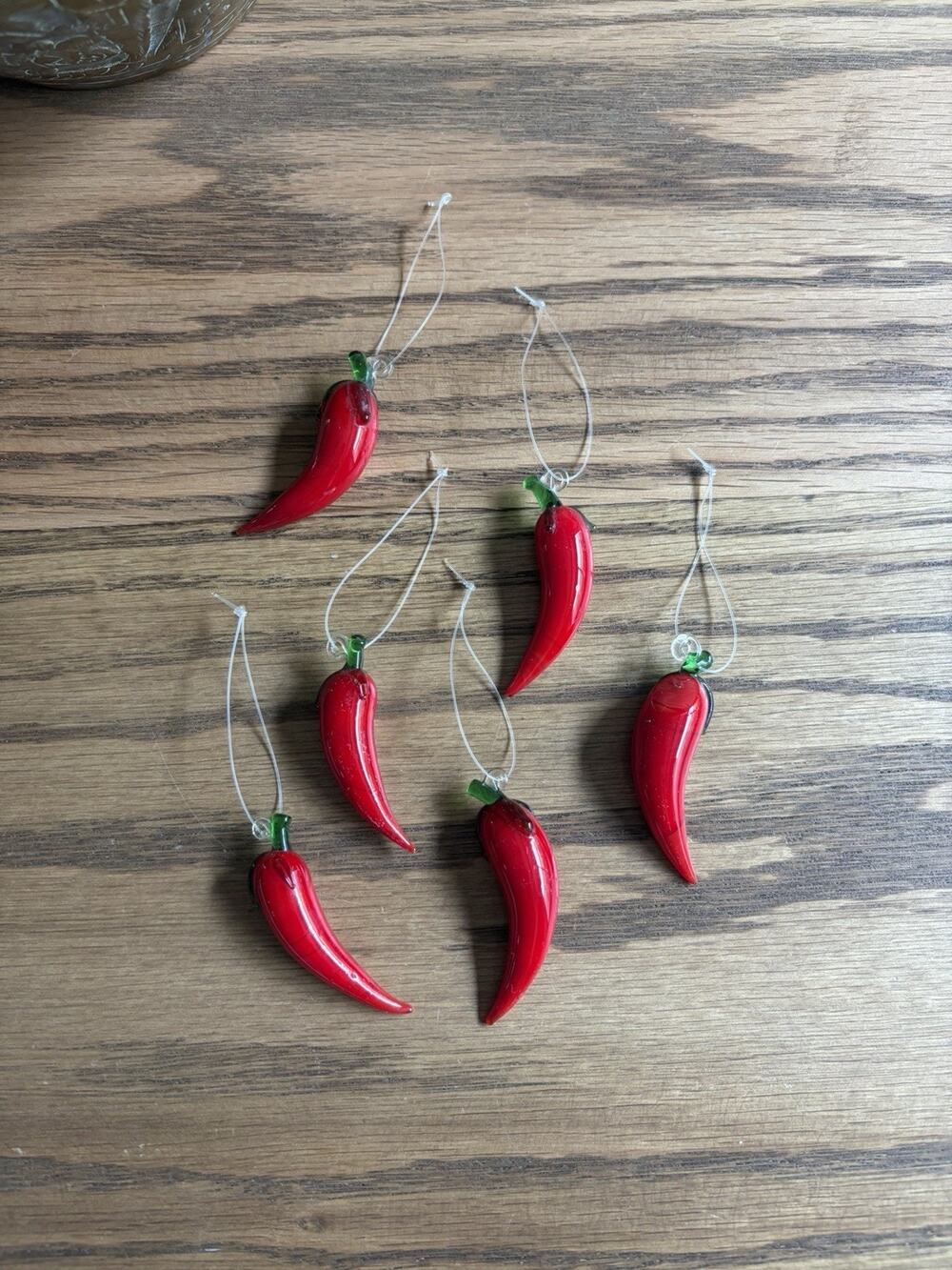 Vintage Hand Blown Chile Pepper Ornaments Hanging Peppers Set of 6